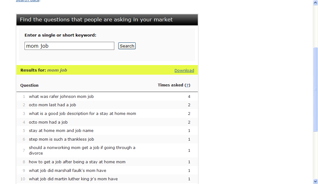 wordtracker_keyword_question_tool Result for keyword search "mom job"